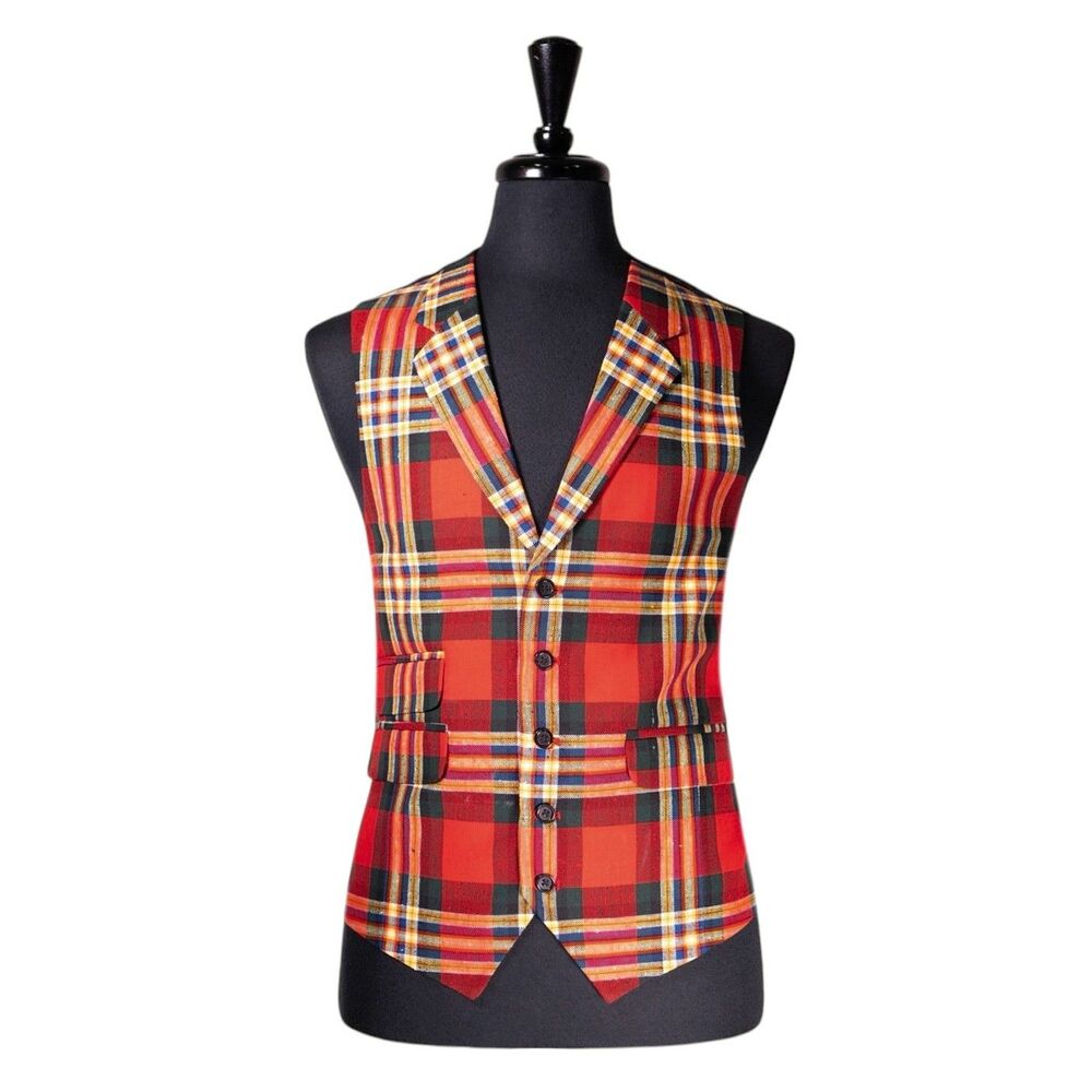Mens Red Plaid Vest 46R Wool Waistcoat Wedding Formal Prom Groomsmen Classic